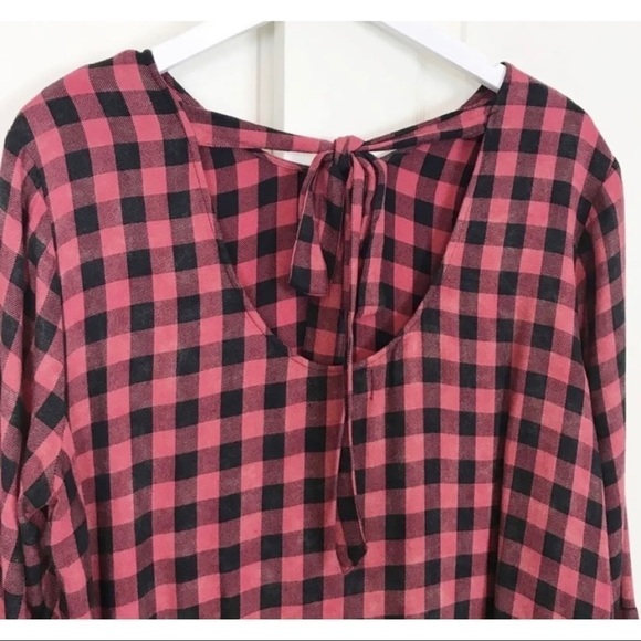 Cloth & Stone Sz S Red Black Buffalo Plaid Checkered Tunic Dress Bell Sleeve - Picture 7 of 13